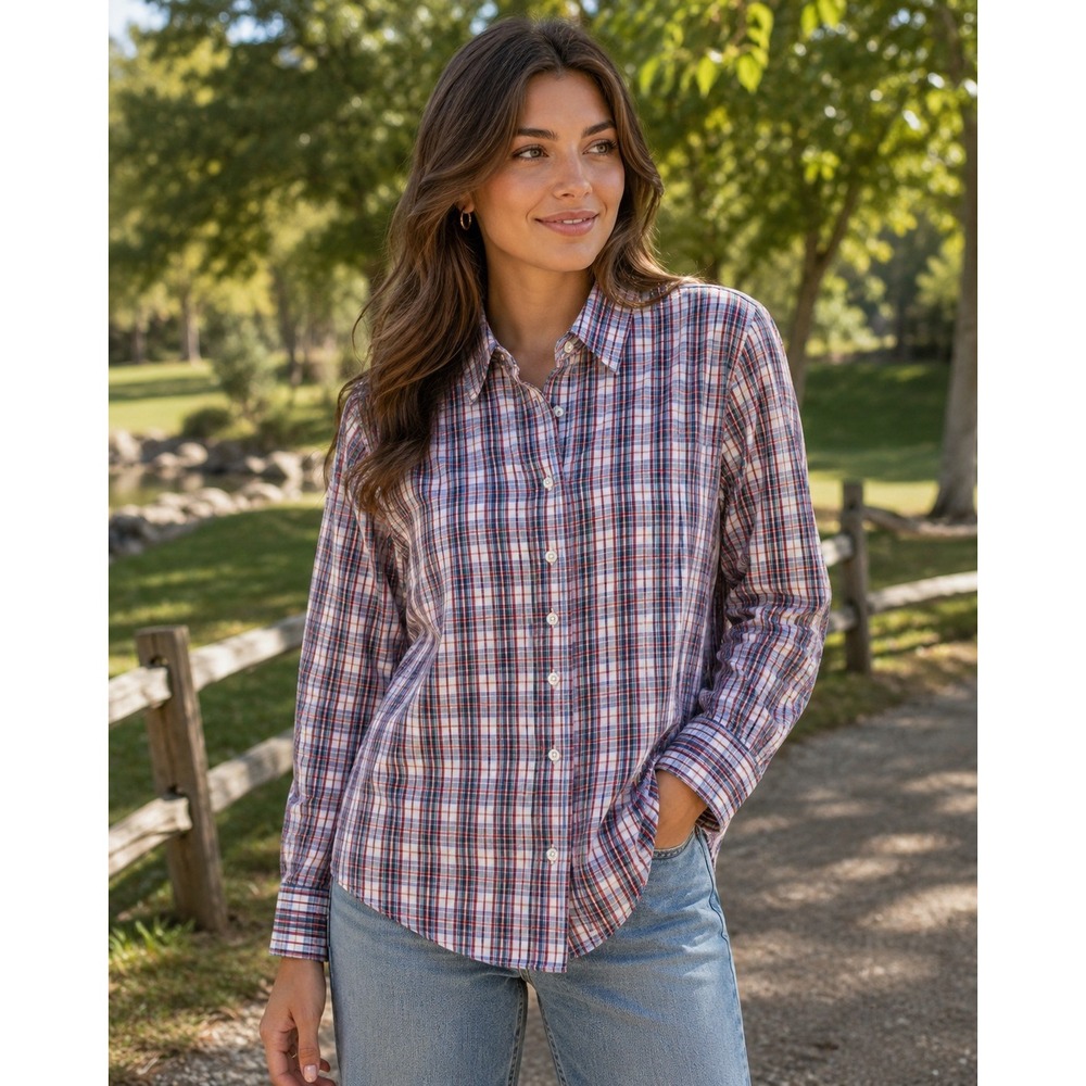 LL‎ BEAN Women's Small Red White Blue Green Plaid Long Sleeve Shirt -974